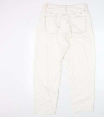 PRETTYLITTLETHING Womens White Cotton Straight Jeans Size 12 L31 in Regular Zip - Distressed Hems