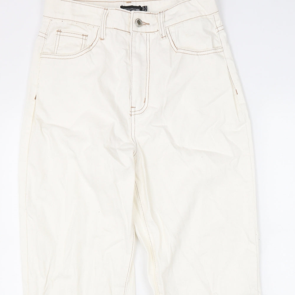 PRETTYLITTLETHING Womens White Cotton Straight Jeans Size 12 L31 in Regular Zip - Distressed Hems