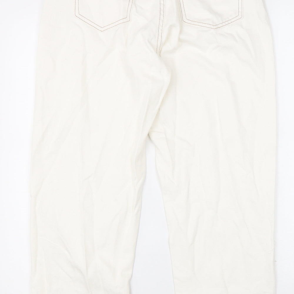 PRETTYLITTLETHING Womens White Cotton Straight Jeans Size 12 L31 in Regular Zip - Distressed Hems
