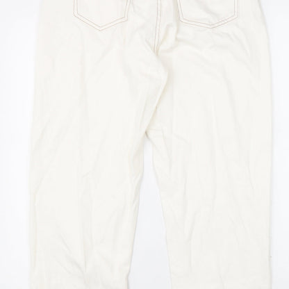 PRETTYLITTLETHING Womens White Cotton Straight Jeans Size 12 L31 in Regular Zip - Distressed Hems