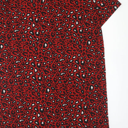 VILA Womens Red Animal Print Polyester T-Shirt Dress Size L Boat Neck Button - Leopard Print