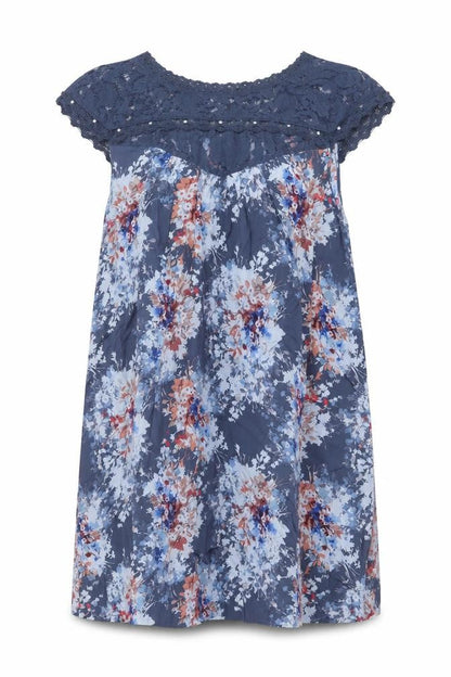 NEXT Womens Blue Floral Modal Shift Size 14 Scoop Neck Pullover - Lace Detail