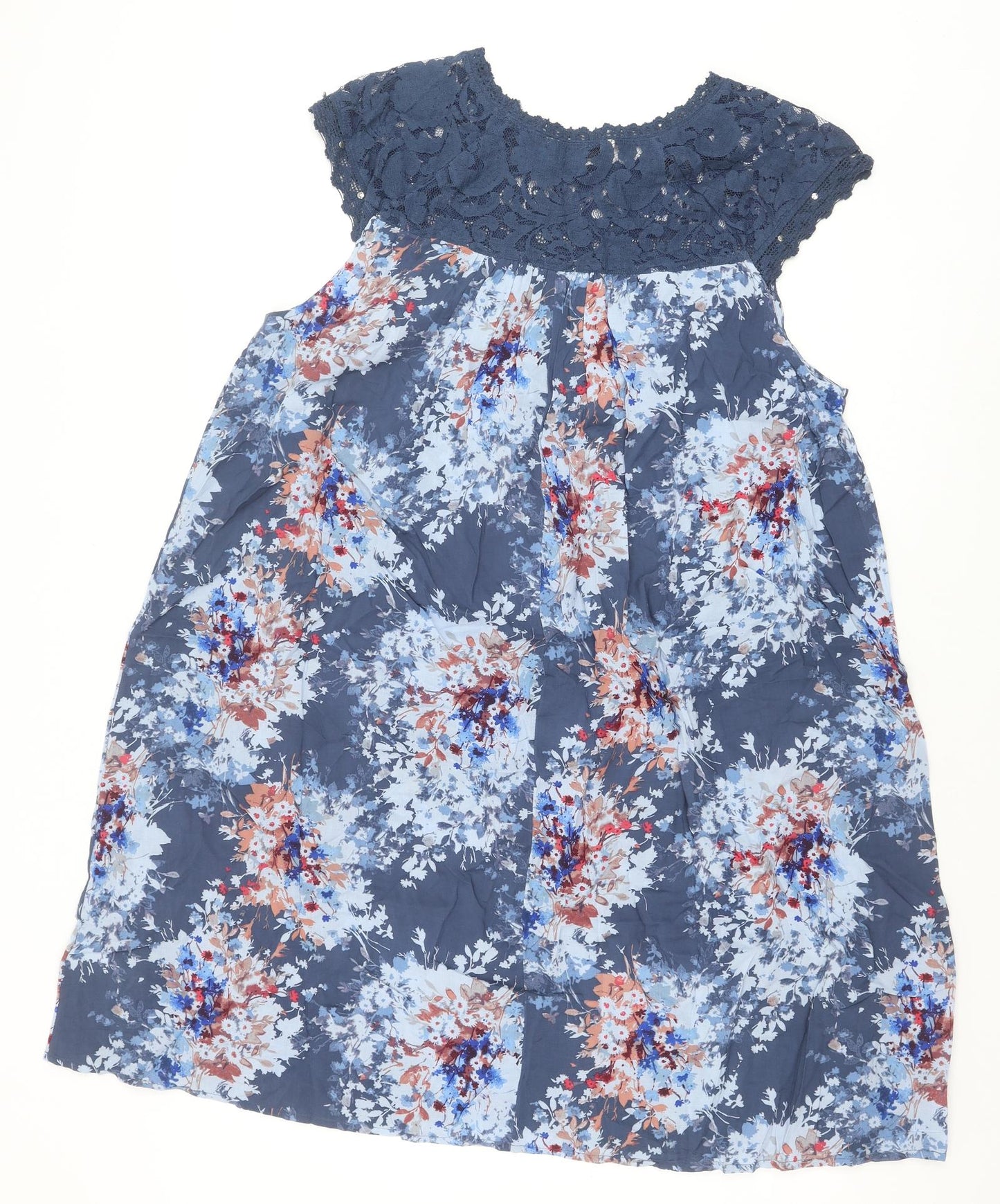 NEXT Womens Blue Floral Modal Shift Size 14 Scoop Neck Pullover - Lace Detail