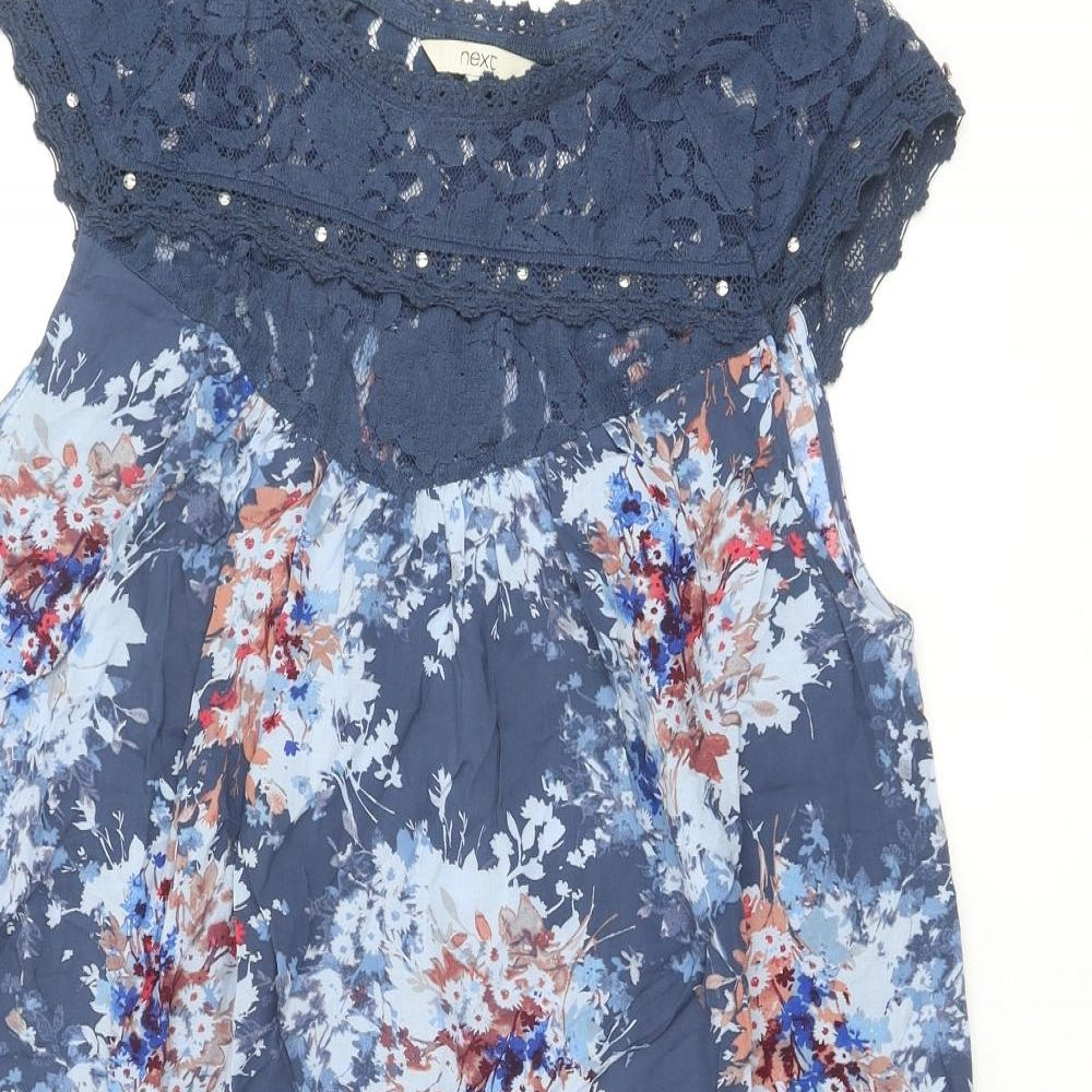 NEXT Womens Blue Floral Modal Shift Size 14 Scoop Neck Pullover - Lace Detail