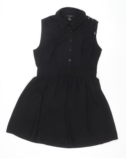 FOREVER 21 Womens Black Polyester Shirt Dress Size L Collared Zip - Lattice Shoulder Detail