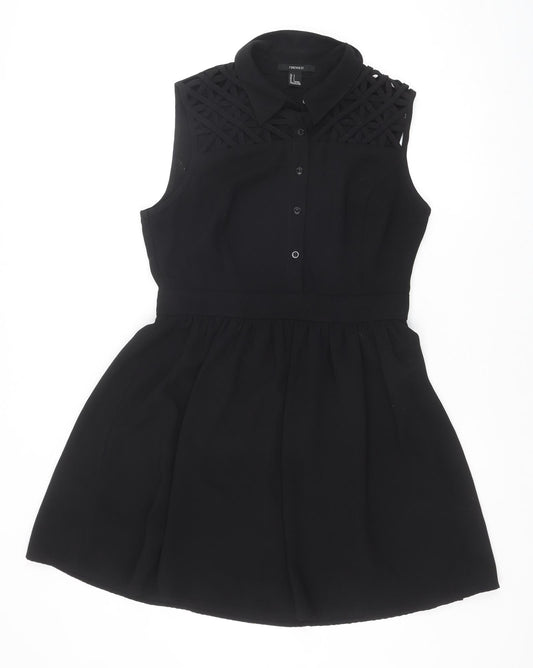 FOREVER 21 Womens Black Polyester Shirt Dress Size L Collared Zip - Lattice Shoulder Detail