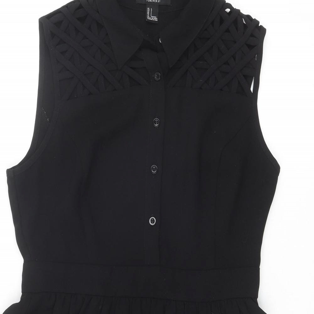 FOREVER 21 Womens Black Polyester Shirt Dress Size L Collared Zip - Lattice Shoulder Detail