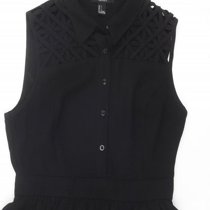 FOREVER 21 Womens Black Polyester Shirt Dress Size L Collared Zip - Lattice Shoulder Detail