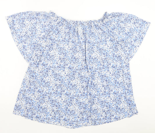 H&M Womens Blue Floral Polyester Basic Blouse Size S Boat Neck