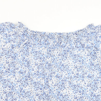 H&M Womens Blue Floral Polyester Basic Blouse Size S Boat Neck