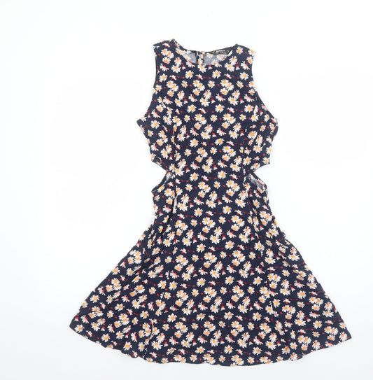 Miss Selfridge Womens Blue Floral Viscose Fit & Flare Size 6 Boat Neck Button