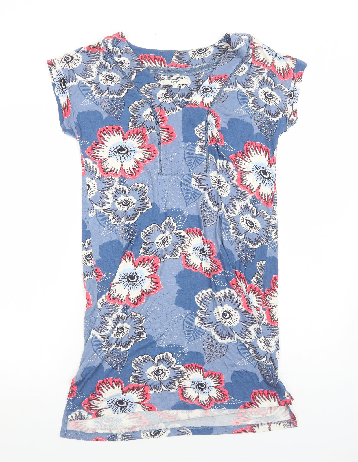 NEXT Womens Blue Floral Viscose T-Shirt Dress Size 8 V-Neck Pullover