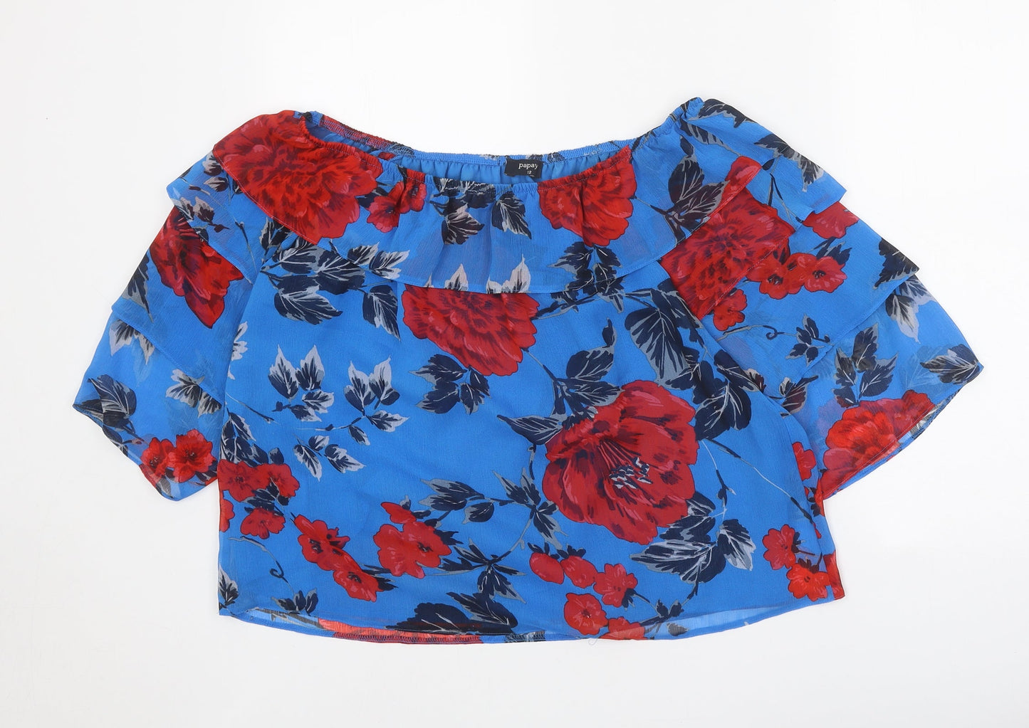 Papaya Womens Blue Floral Polyester Basic Blouse Size 12 Off the Shoulder