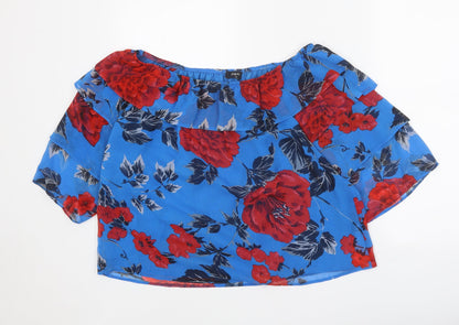 Papaya Womens Blue Floral Polyester Basic Blouse Size 12 Off the Shoulder