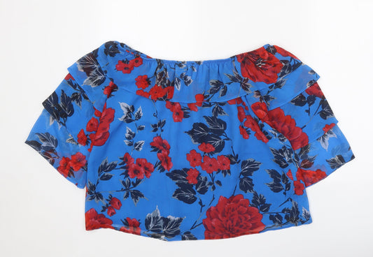 Papaya Womens Blue Floral Polyester Basic Blouse Size 12 Off the Shoulder