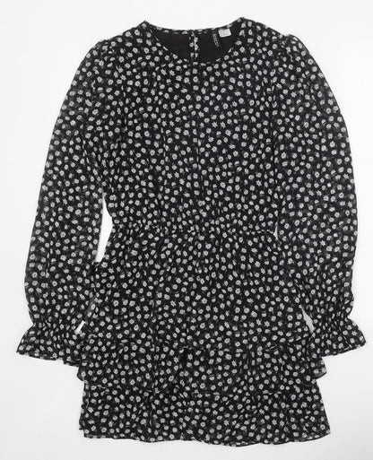 Divided Womens Black Floral Polyester Mini Size 10 Round Neck Button