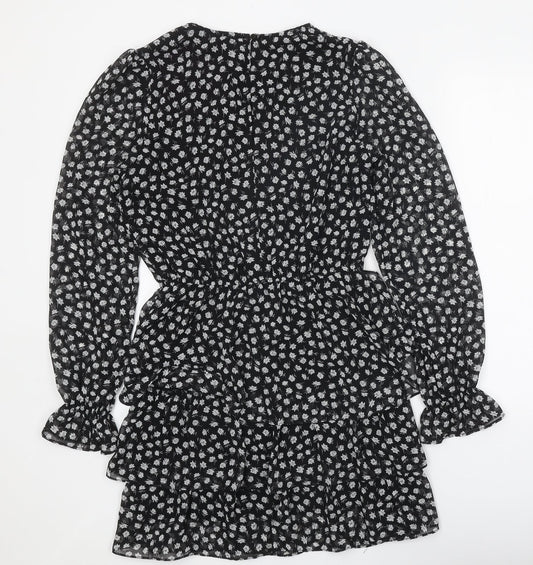 Divided Womens Black Floral Polyester Mini Size 10 Round Neck Button