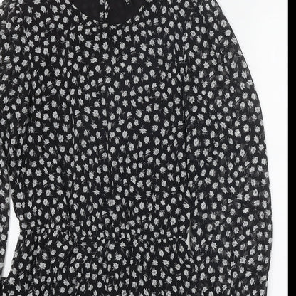 Divided Womens Black Floral Polyester Mini Size 10 Round Neck Button