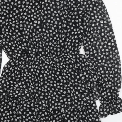 Divided Womens Black Floral Polyester Mini Size 10 Round Neck Button