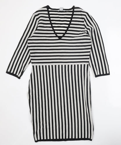 H&M Womens Black Striped Viscose Jumper Dress Size L V-Neck Pullover