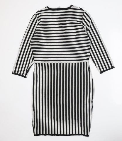 H&M Womens Black Striped Viscose Jumper Dress Size L V-Neck Pullover