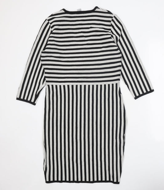 H&M Womens Black Striped Viscose Jumper Dress Size L V-Neck Pullover