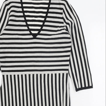 H&M Womens Black Striped Viscose Jumper Dress Size L V-Neck Pullover