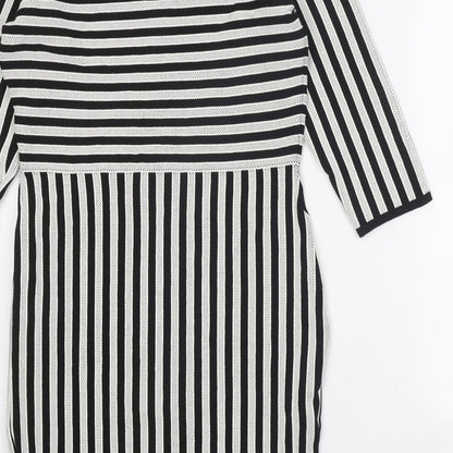 H&M Womens Black Striped Viscose Jumper Dress Size L V-Neck Pullover