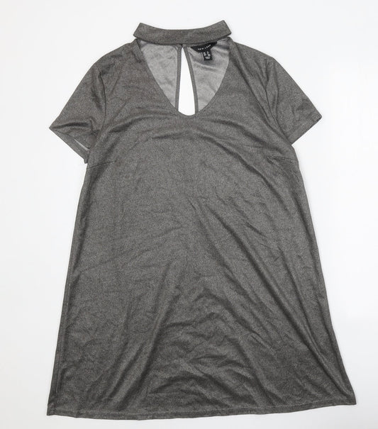 New Look Womens Grey Polyester T-Shirt Dress Size 10 Halter Button - Metallic