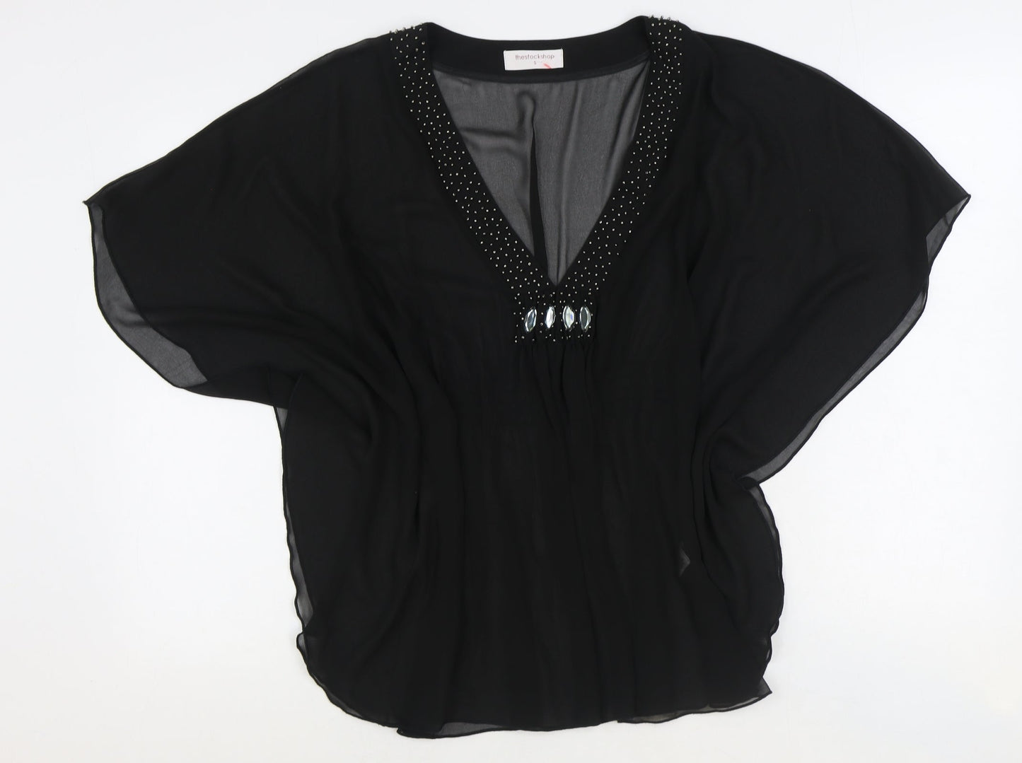 The Stockshop Womens Black Polyester Tunic Blouse Size S V-Neck - Embellished Neckline