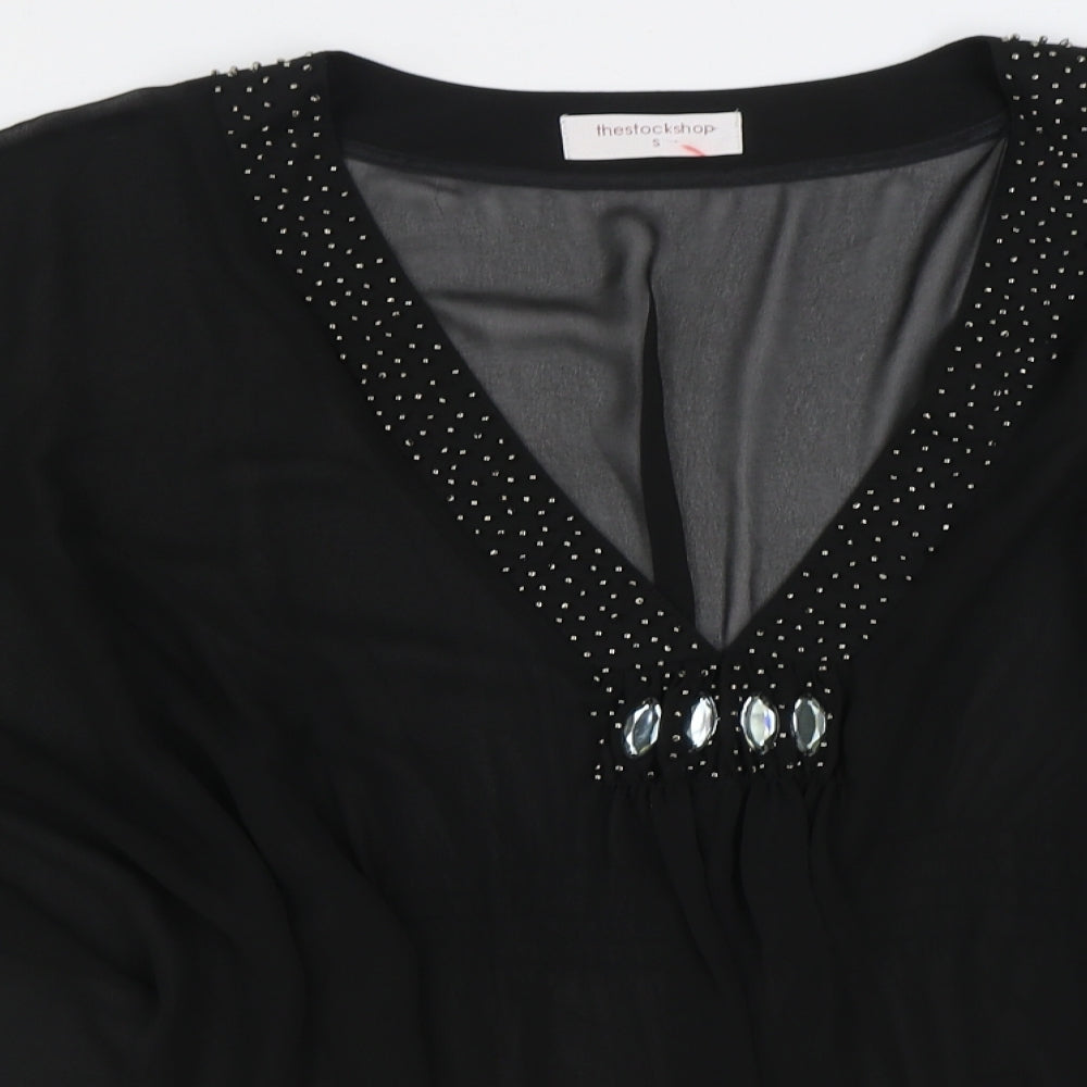 The Stockshop Womens Black Polyester Tunic Blouse Size S V-Neck - Embellished Neckline