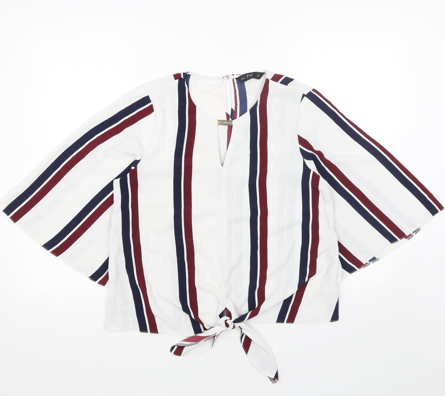 F&F Womens White Striped Polyester Basic Blouse Size 12 V-Neck - Tie Front