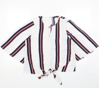 F&F Womens White Striped Polyester Basic Blouse Size 12 V-Neck - Tie Front