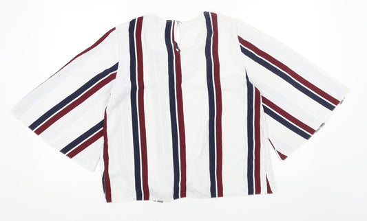 F&F Womens White Striped Polyester Basic Blouse Size 12 V-Neck - Tie Front