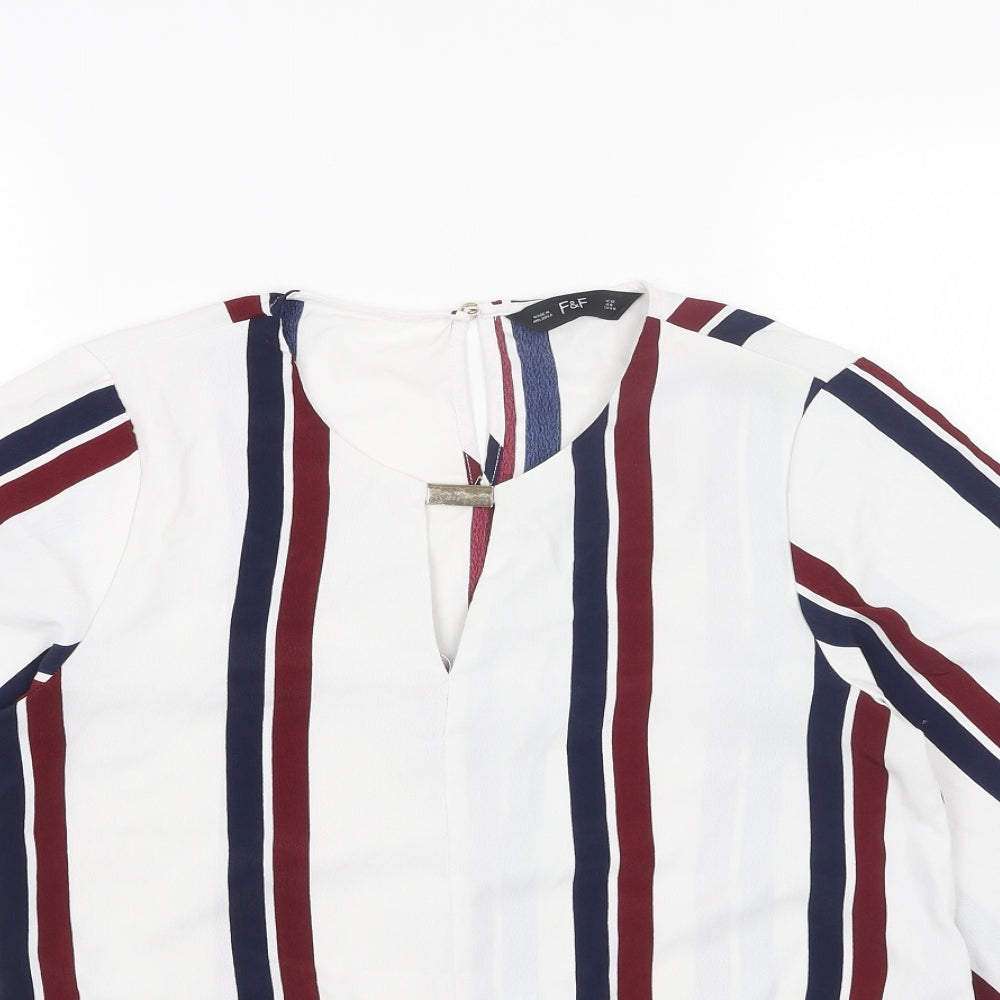 F&F Womens White Striped Polyester Basic Blouse Size 12 V-Neck - Tie Front