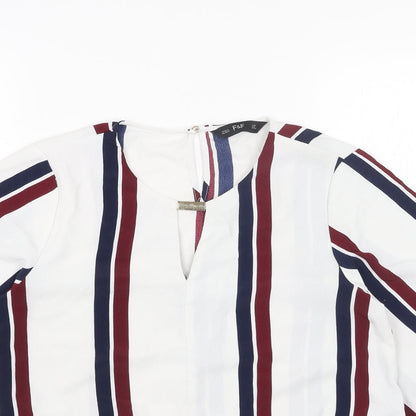 F&F Womens White Striped Polyester Basic Blouse Size 12 V-Neck - Tie Front