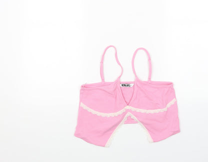 NEON&NYLON Womens Pink Cotton Cropped Tank Size XL V-Neck - Lace Trim