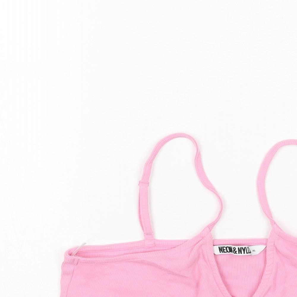 NEON&NYLON Womens Pink Cotton Cropped Tank Size XL V-Neck - Lace Trim