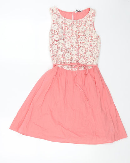 New Look Womens Pink Cotton Fit & Flare Size 8 Boat Neck Button - Lace Top