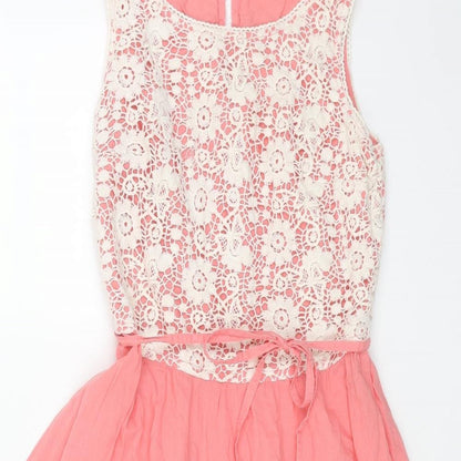 New Look Womens Pink Cotton Fit & Flare Size 8 Boat Neck Button - Lace Top
