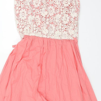 New Look Womens Pink Cotton Fit & Flare Size 8 Boat Neck Button - Lace Top