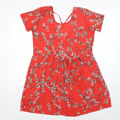 Boohoo Womens Red Floral Polyester Fit & Flare Size 14 Scoop Neck Pullover