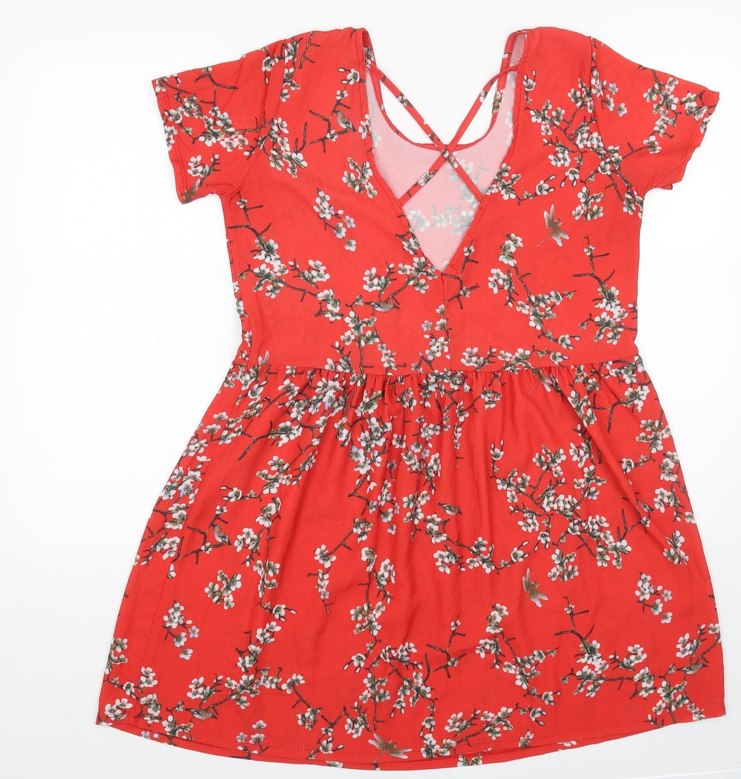 Boohoo Womens Red Floral Polyester Fit & Flare Size 14 Scoop Neck Pullover