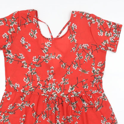Boohoo Womens Red Floral Polyester Fit & Flare Size 14 Scoop Neck Pullover