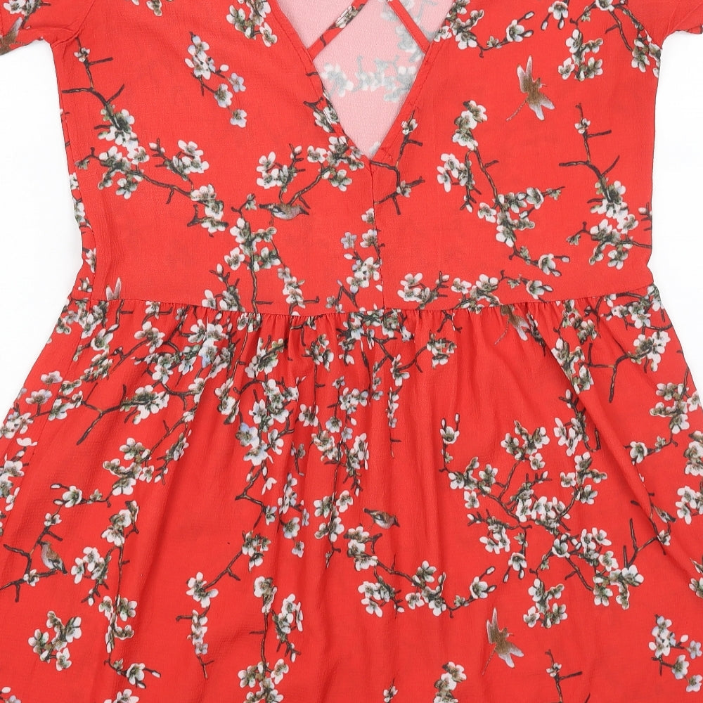 Boohoo Womens Red Floral Polyester Fit & Flare Size 14 Scoop Neck Pullover