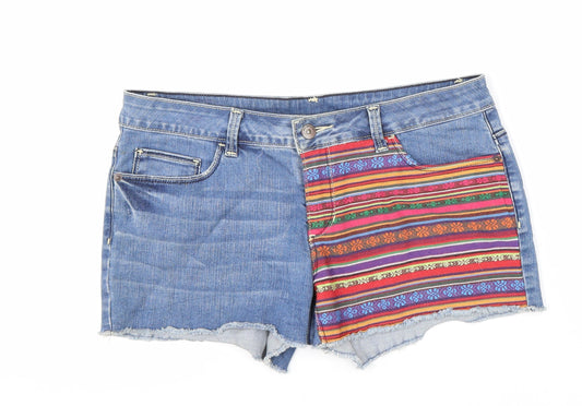 VERO MODA Womens Blue Geometric Cotton Cut-Off Shorts Size 30 L3 in Regular Zip