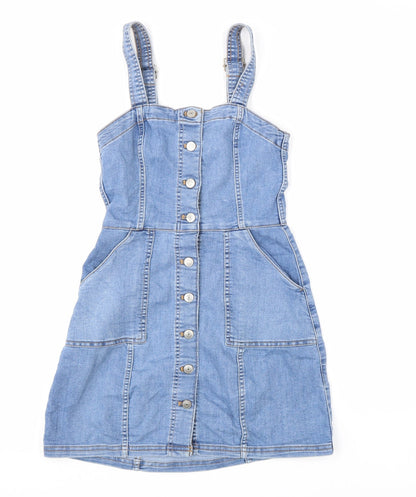 Divided Womens Blue Cotton Pinafore/Dungaree Dress Size 6 Scoop Neck Button