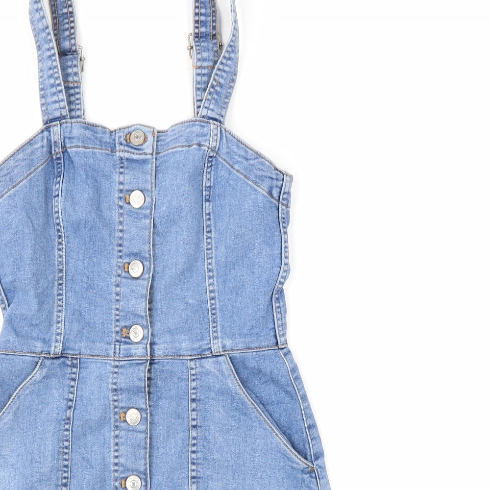 Divided Womens Blue Cotton Pinafore/Dungaree Dress Size 6 Scoop Neck Button