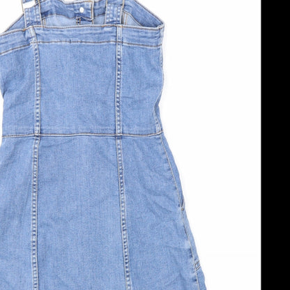 Divided Womens Blue Cotton Pinafore/Dungaree Dress Size 6 Scoop Neck Button