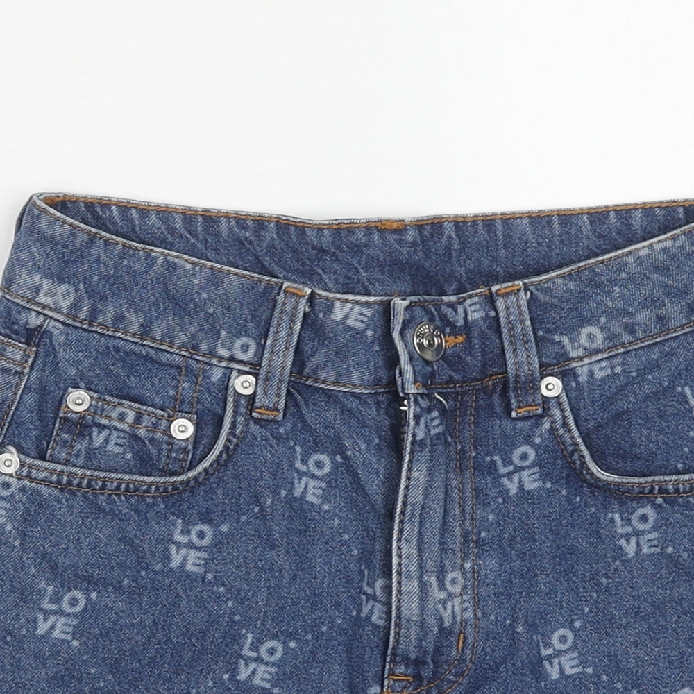 H&M Womens Blue Geometric Cotton Boyfriend Shorts Size 6 Regular Zip